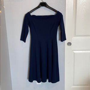 Navy Off Shoulder Scalloped Neckline Dress